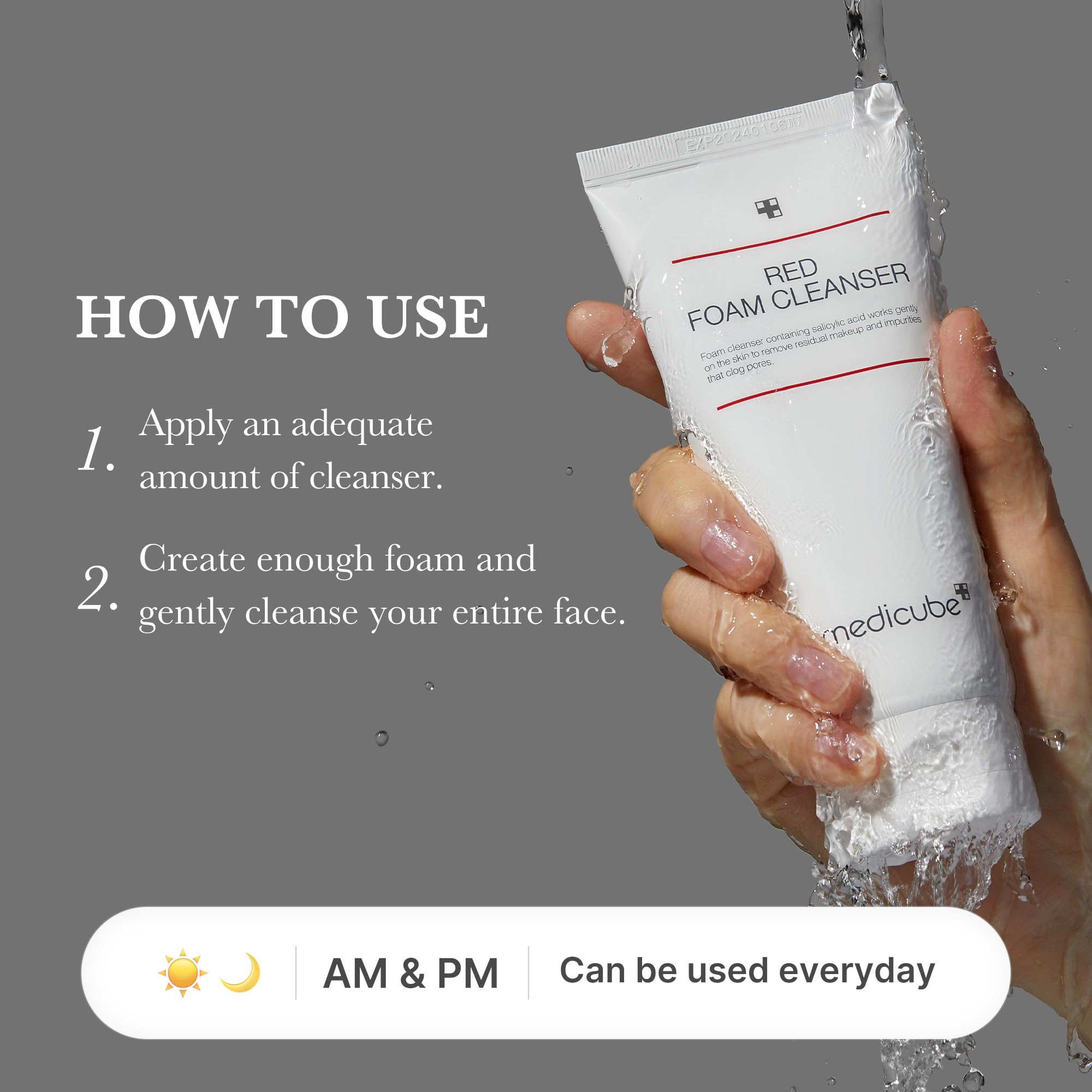 Medicube Red Foam Cleanser makeup removal close-up dissolving makeup with foam.