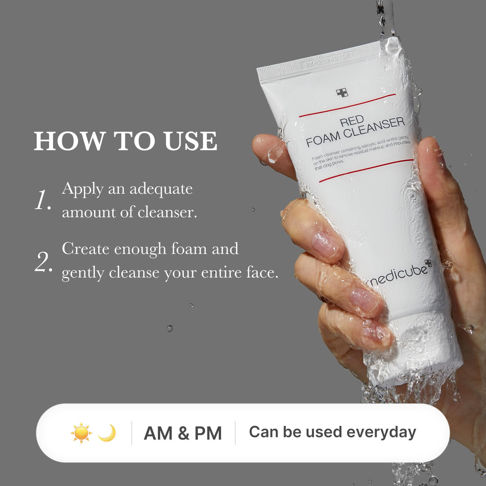 Medicube Red Foam Cleanser makeup removal close-up dissolving makeup with foam.