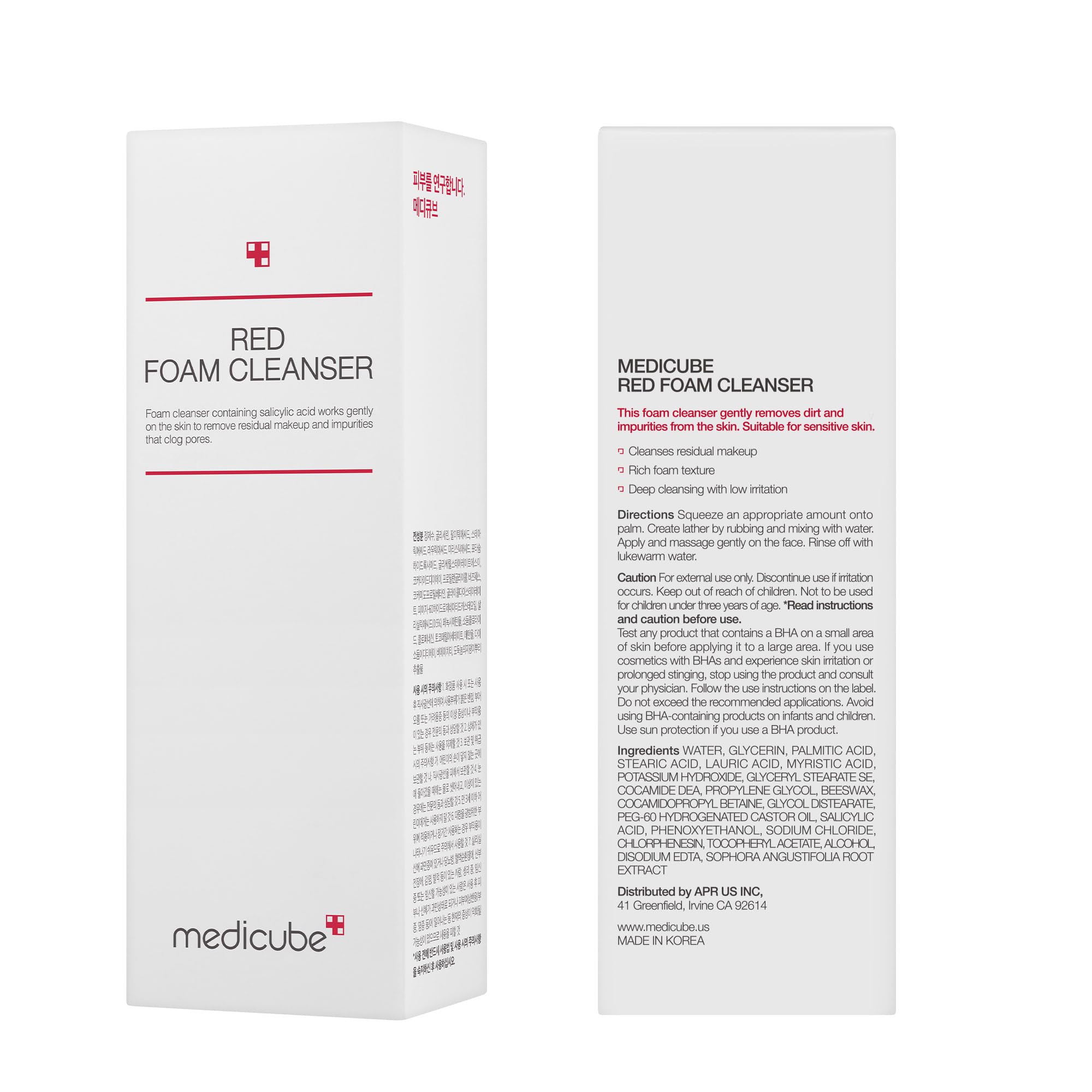 Medicube Red Foam Cleanser packaging with ingredients note and dermatologist development.