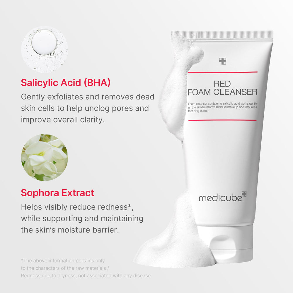 Medicube Red Foam Cleanser label highlights 0.45% salicylic acid for cleansing.