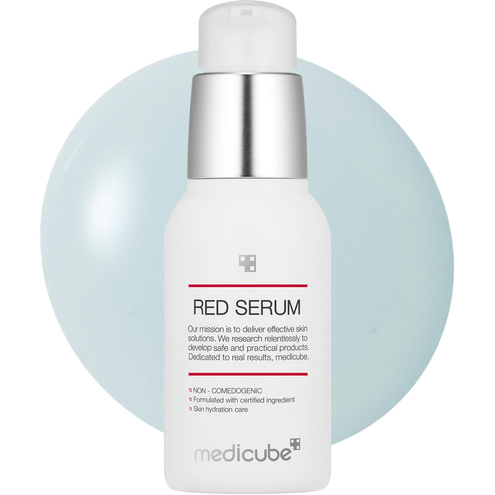 Medicube Red Serum 2.0 bottle front shows a clean, non-irritating formula for sensitive skin