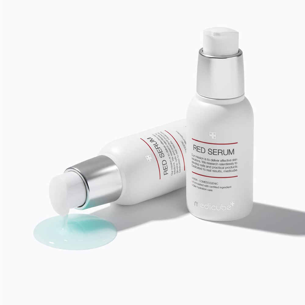 Medicube Red Serum 2.0 bottle pump demonstrates easy application and quick absorption
