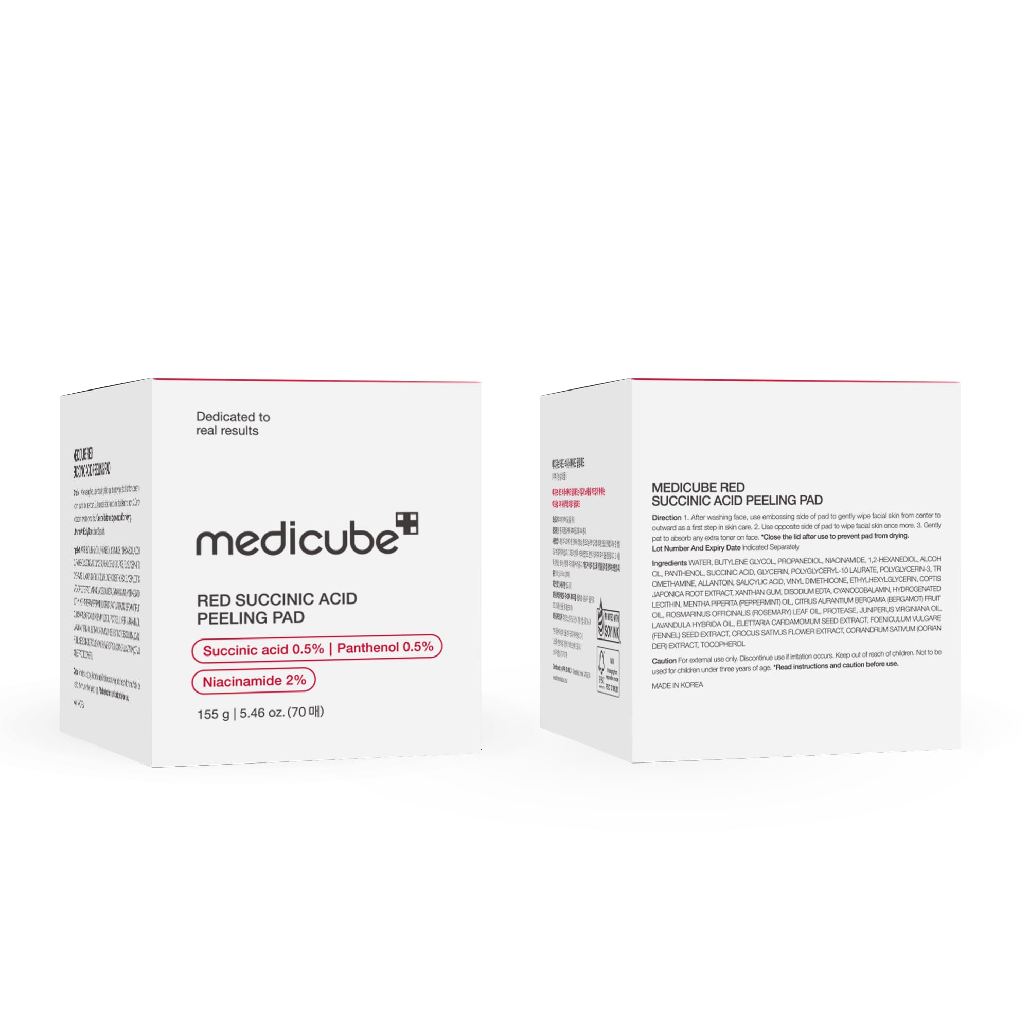 Medicube Red Succinic Pad dermatologist-tested safety labels.