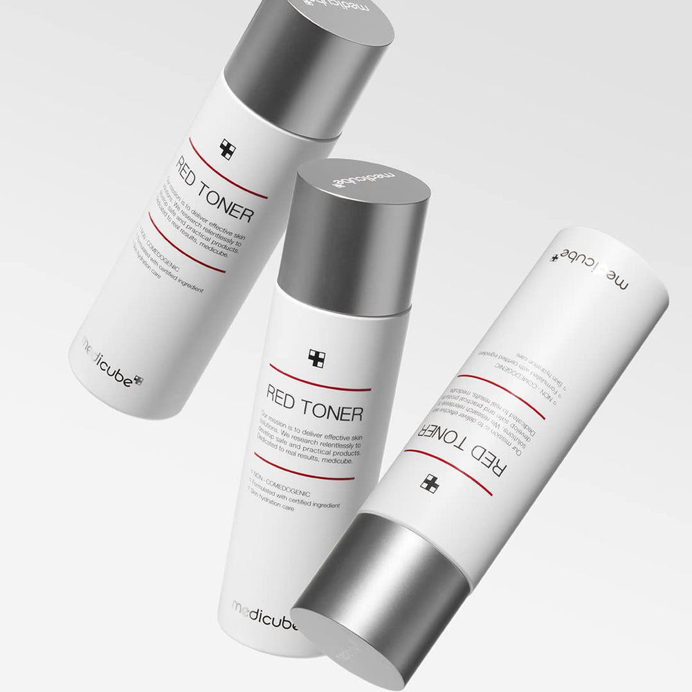 Medicube Red Toner 2.0 being applied to damp skin in routine