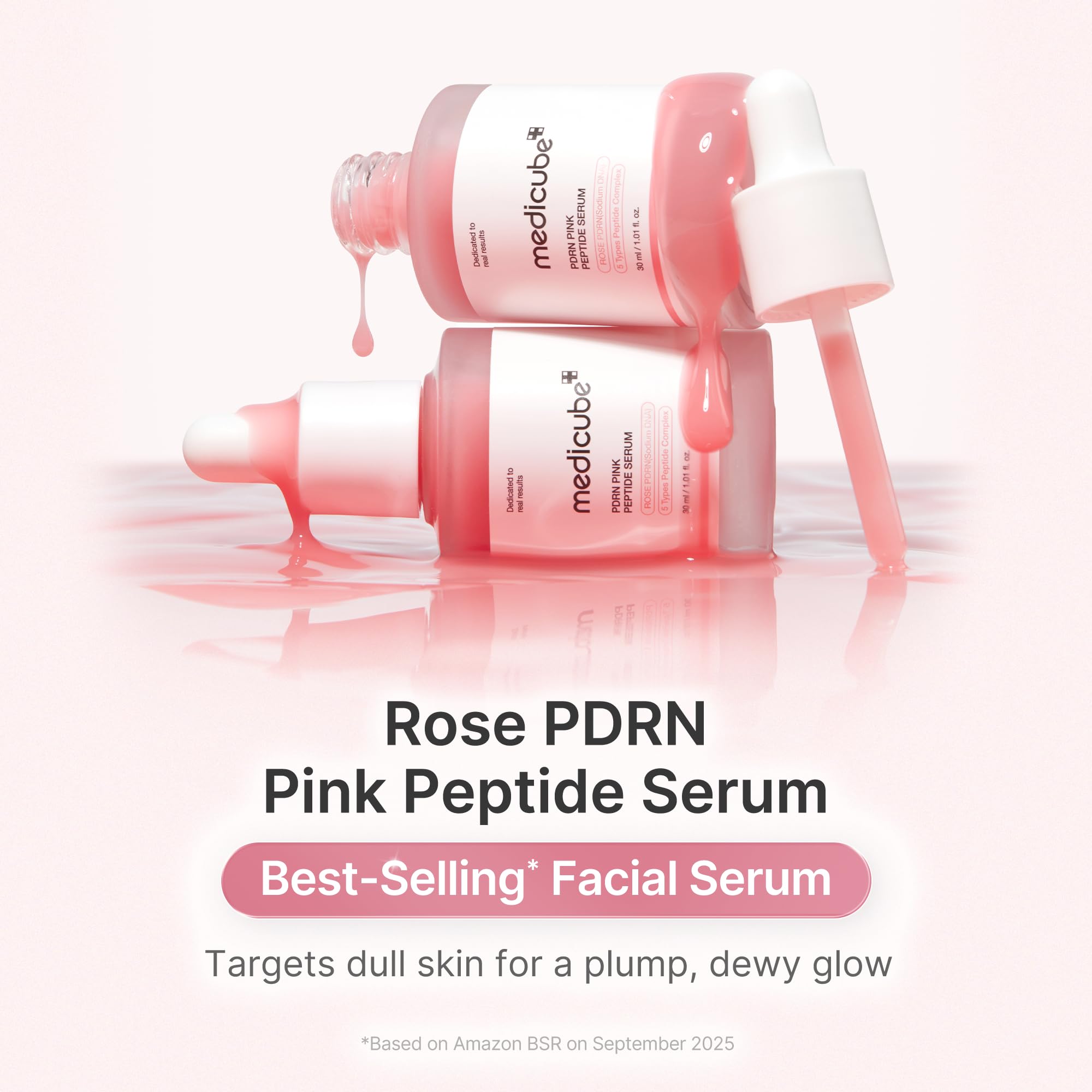 Medicube Rose PDRN serum pump close-up highlighting easy daily use