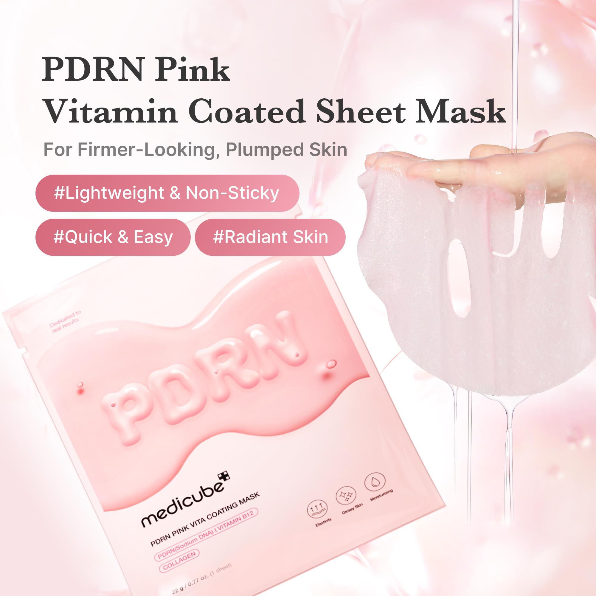 Medicube Salmon DNA PDRN Pink Vita Coating Sheet Mask application sheet adheres smoothly for even delivery.