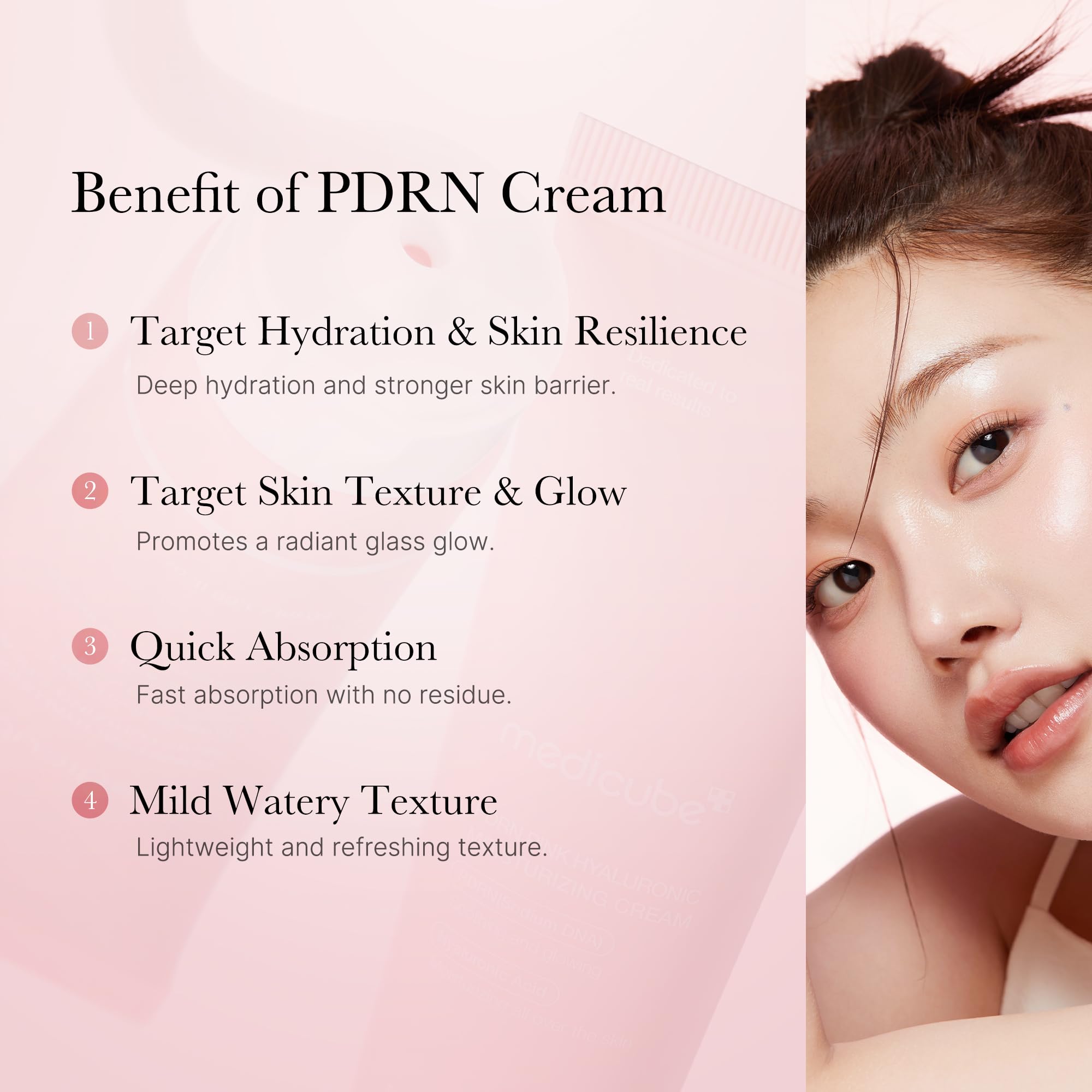 medicube Salmon DNA PDRN pink moisturizing cream application scene suggests daily relief and glow