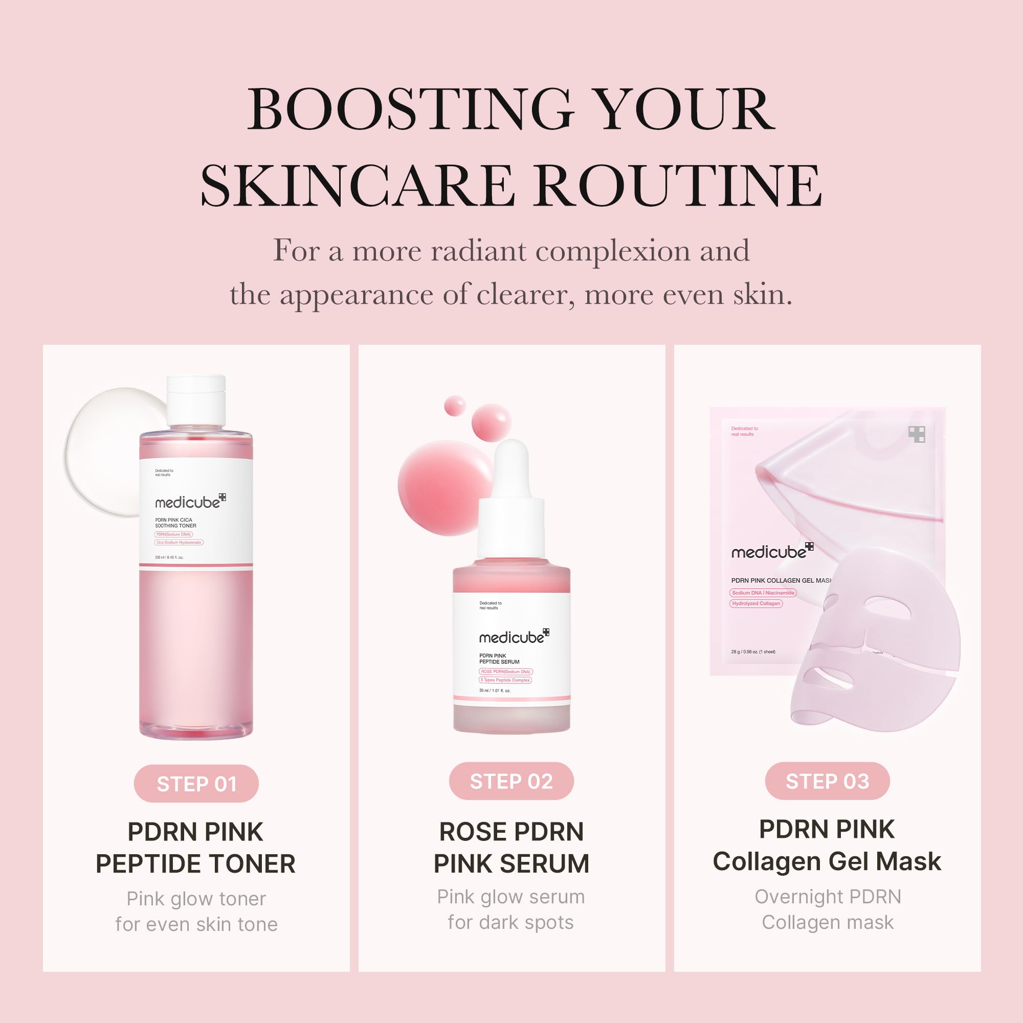 Medicube Salmon DNA PDRN pink toner bottle beside glass of water hints at hydration.