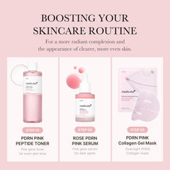 Medicube Salmon DNA PDRN pink toner bottle beside glass of water hints at hydration.