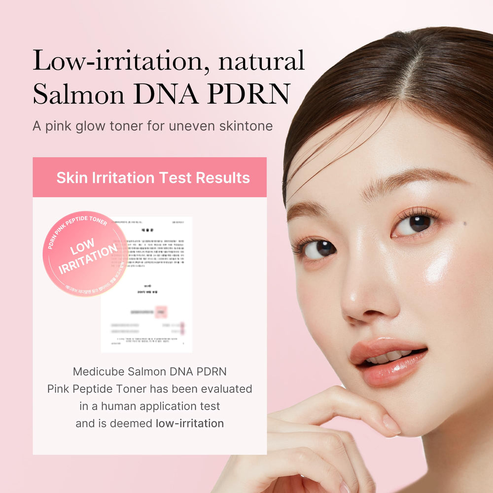 Medicube Salmon DNA PDRN pink toner close-up highlights peptide-rich formula for vitality.