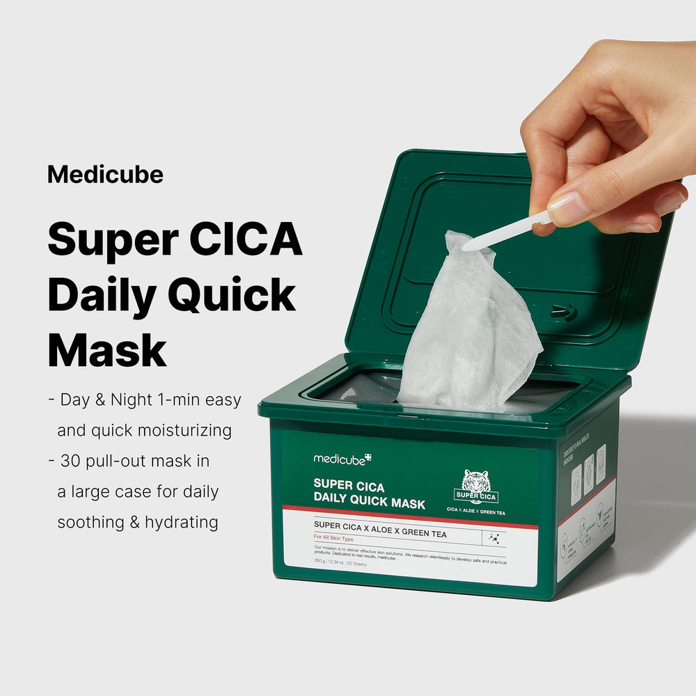 Medicube Super Cica Daily Quick Mask on the face during application.