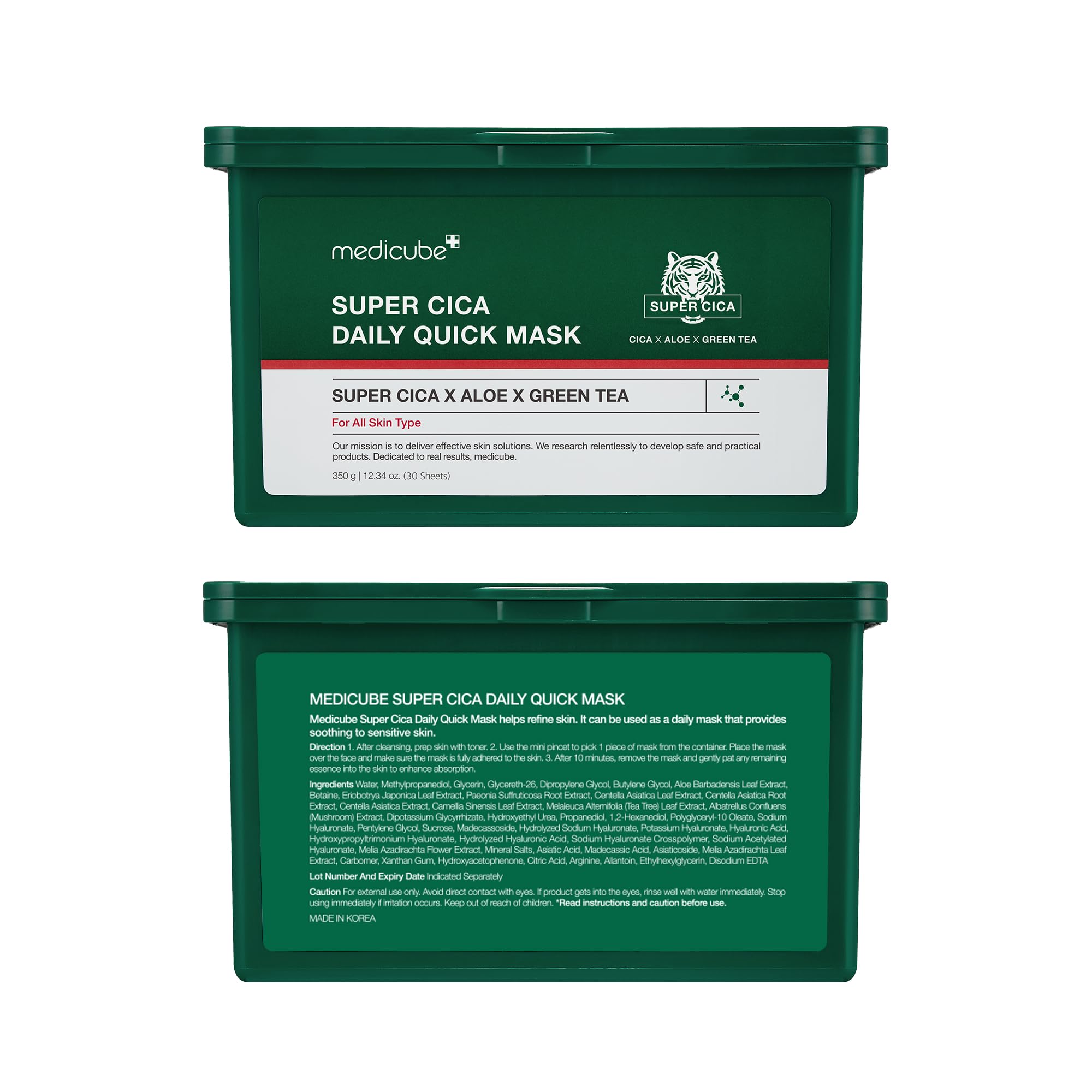 Medicube Super Cica Daily Quick Mask sheet resting on clean skin.