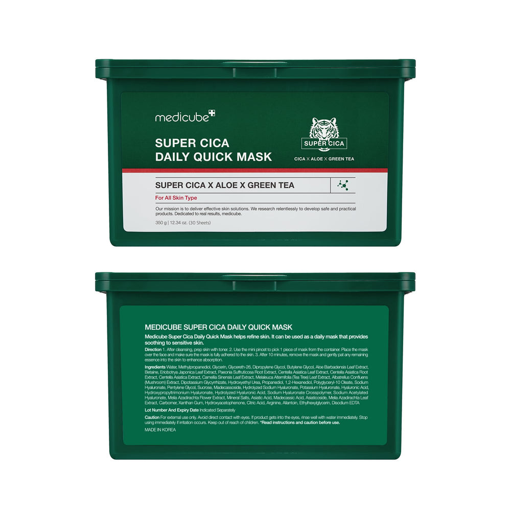 Medicube Super Cica Daily Quick Mask sheet resting on clean skin.