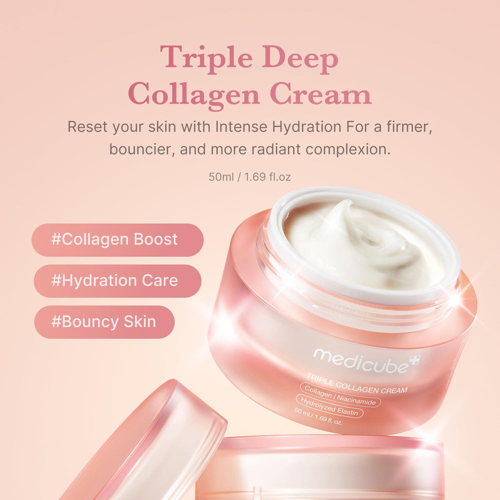 Medicube Triple Collagen Cream jar close-up showing creamy texture.