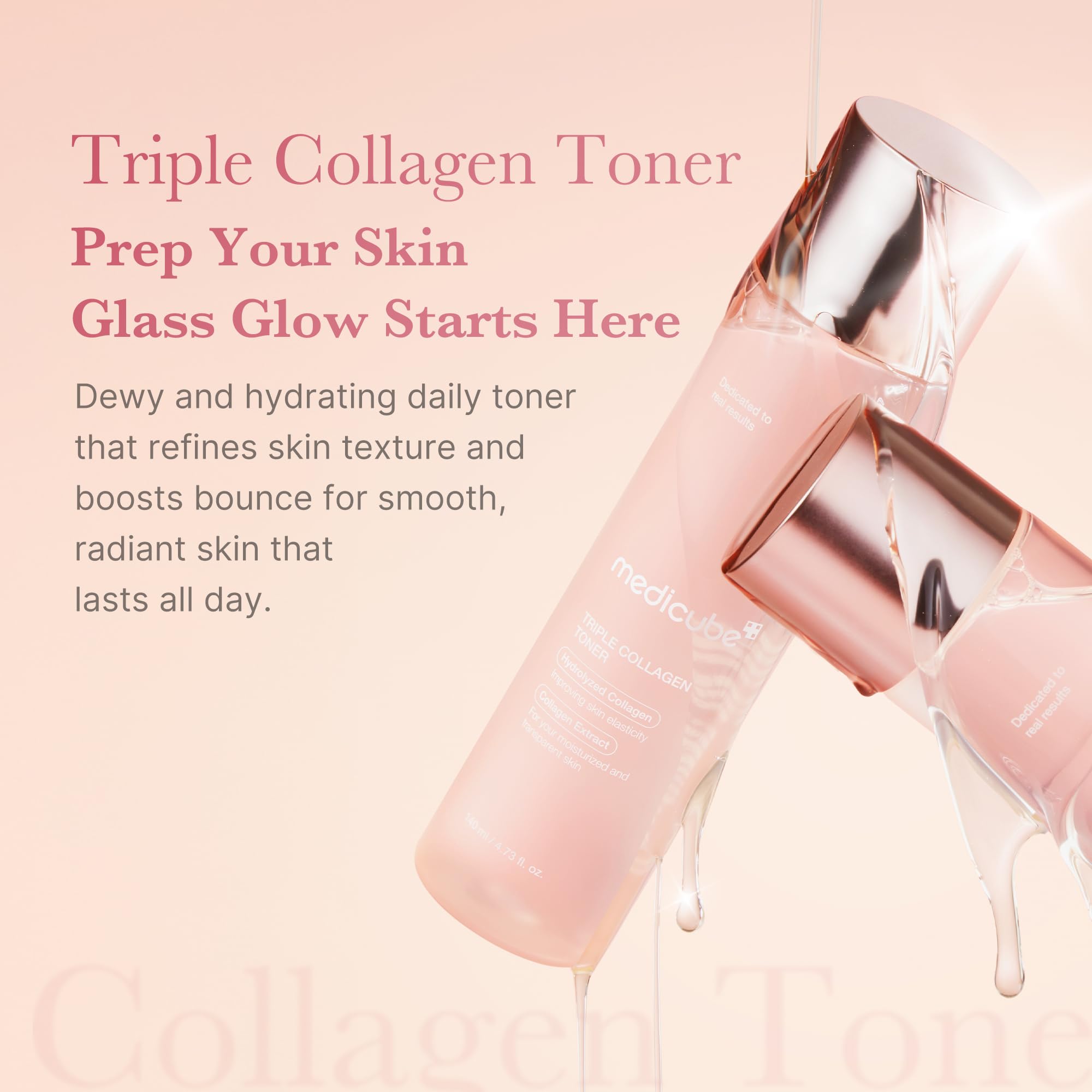 Medicube Triple Collagen Toner bottle pump demonstrates fast-absorbing formula supporting plump skin