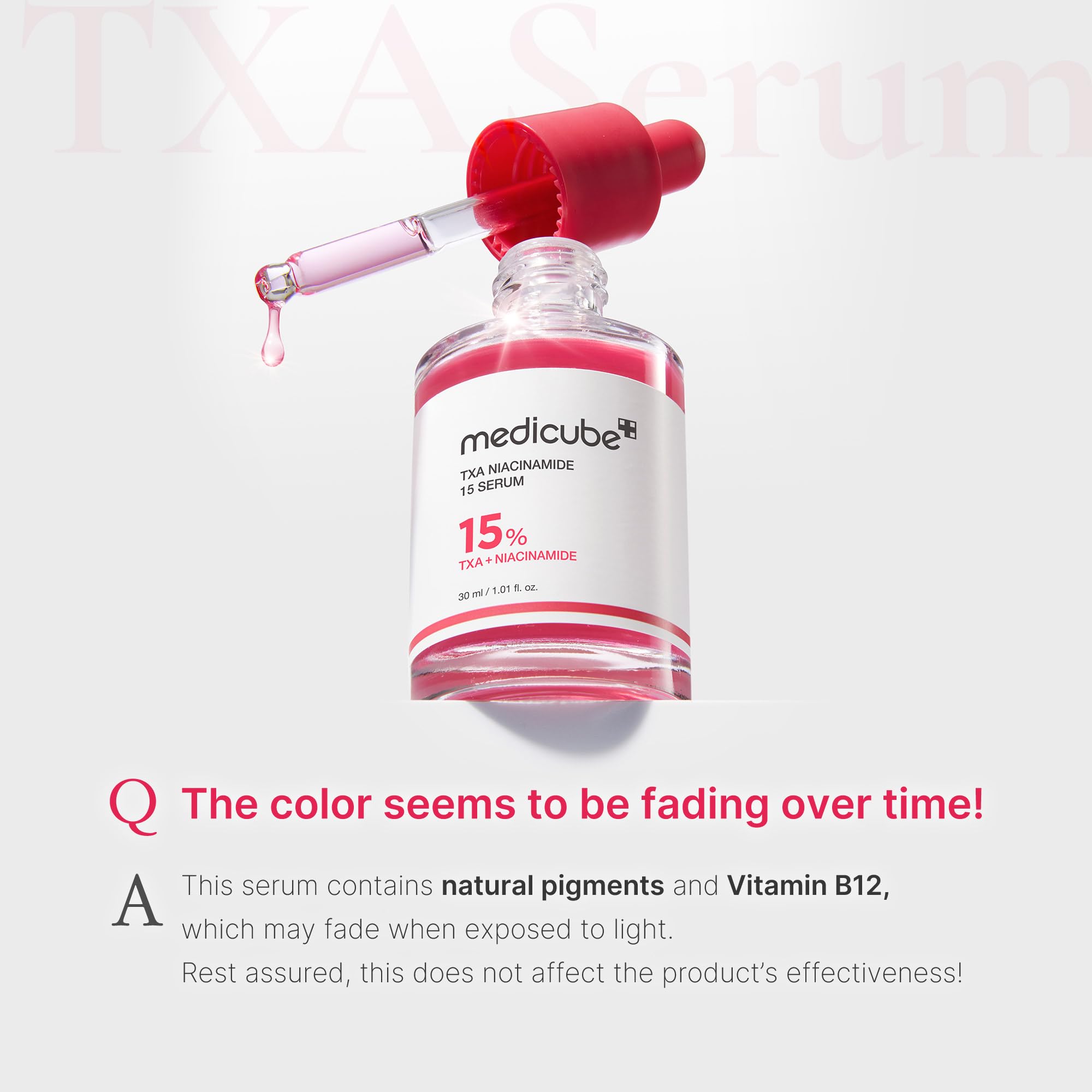 Medicube TXA+Niacinamide 15% Glow Serum fragrance-free label signals gentle daily use.