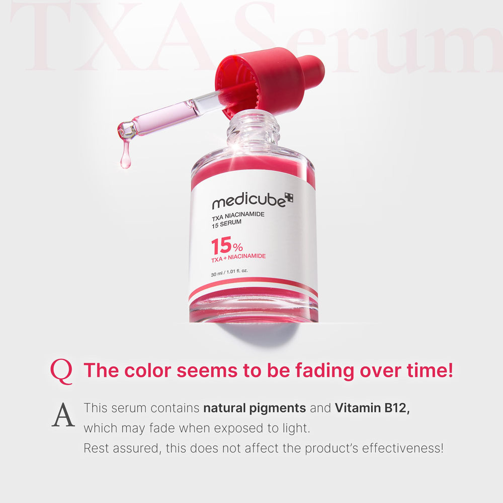 Medicube TXA+Niacinamide 15% Glow Serum fragrance-free label signals gentle daily use.