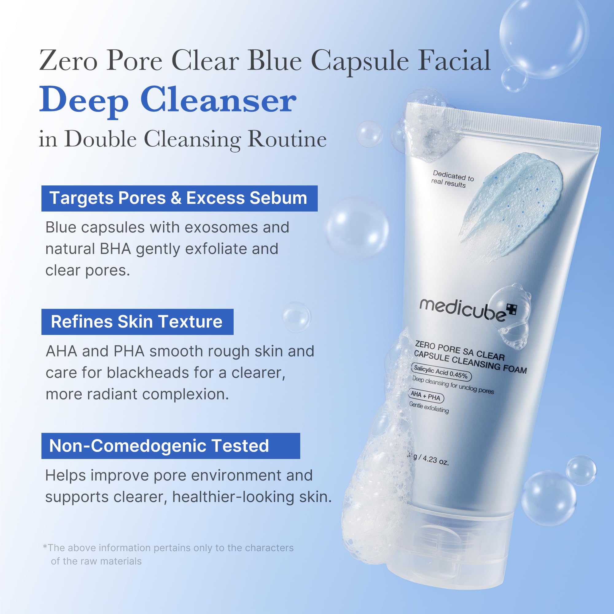 medicube Zero Pore blue capsule foam texture close-up showing gentle exfoliation