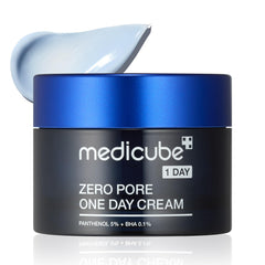 Medicube Zero Pore One-Day Cream jar close-up shows pore refining, lightweight texture