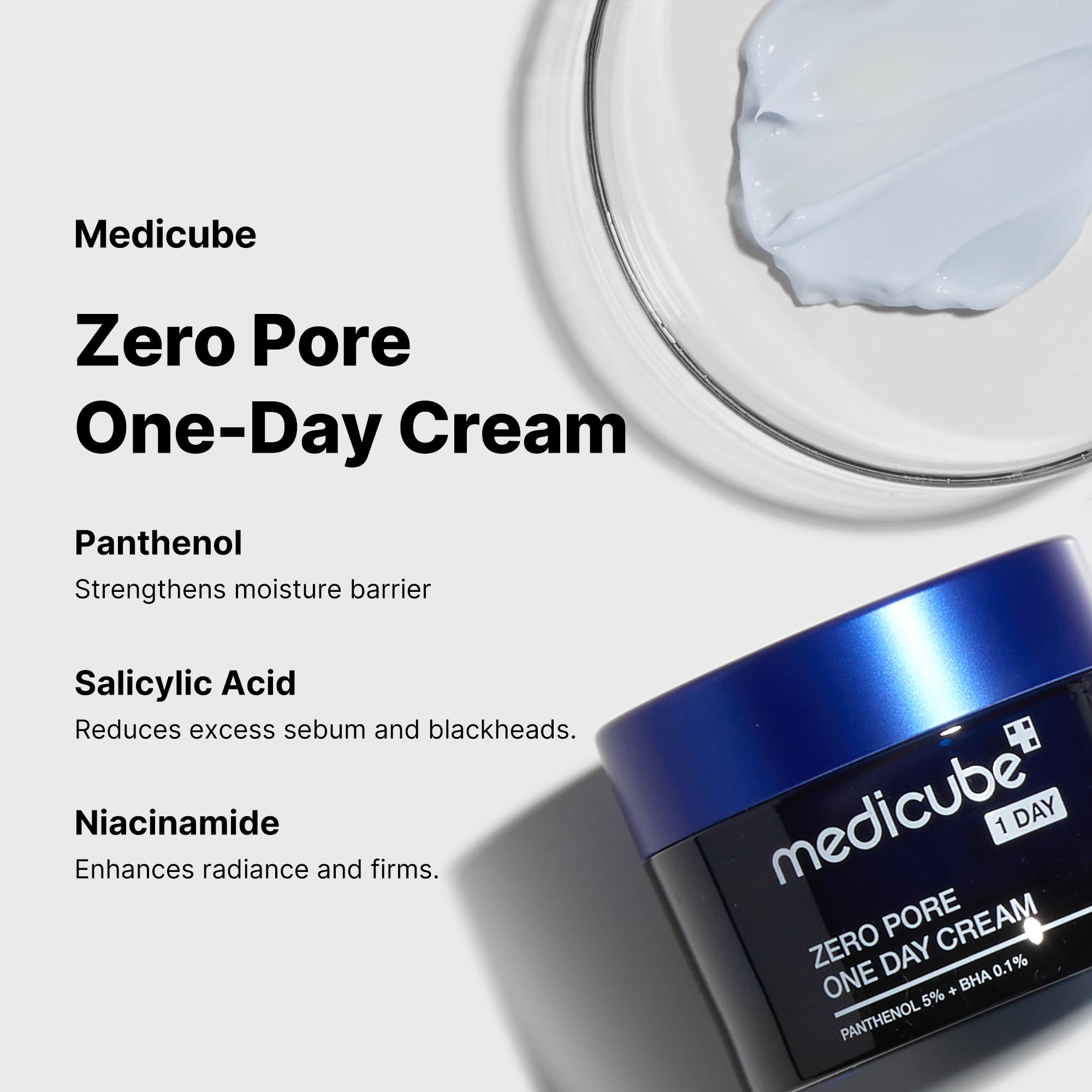Medicube Zero Pore One-Day Cream panthenol close-up emphasizes moisture barrier support