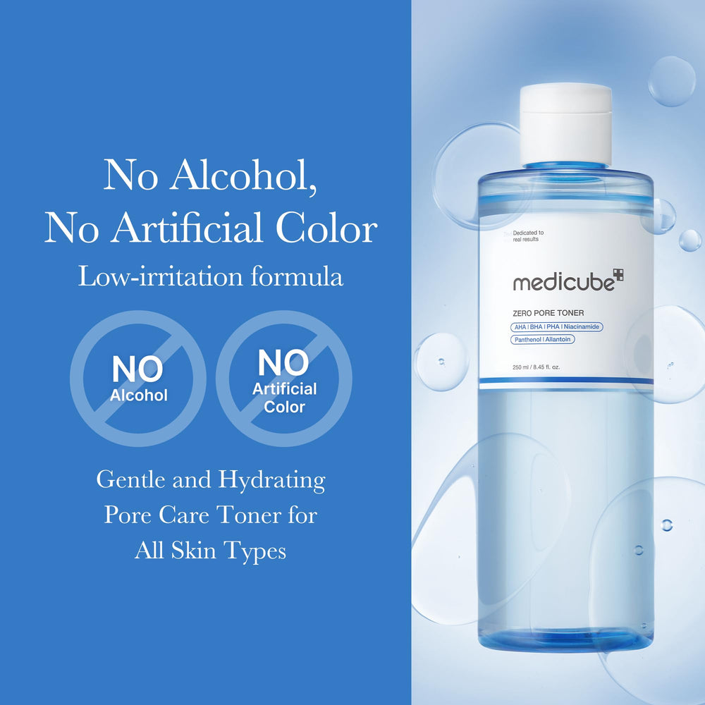 Medicube Zero Pore Toner application on palm suggests quick daytime refreshing routine.