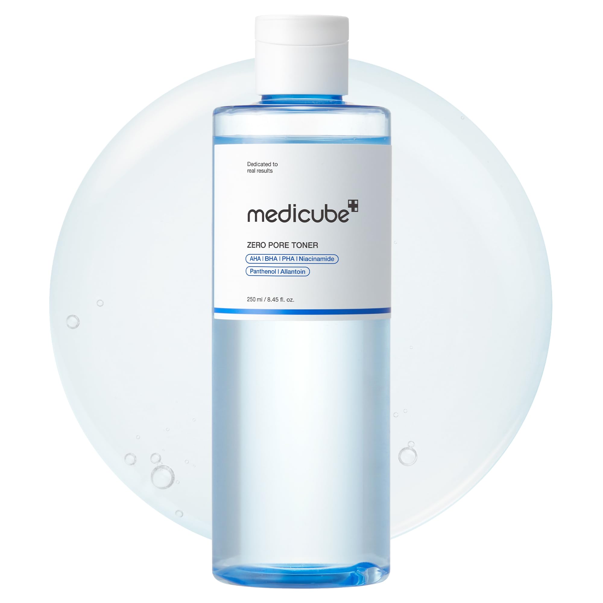 Medicube Zero Pore Toner blue bottle closeup showcases hydrating pore care in action.