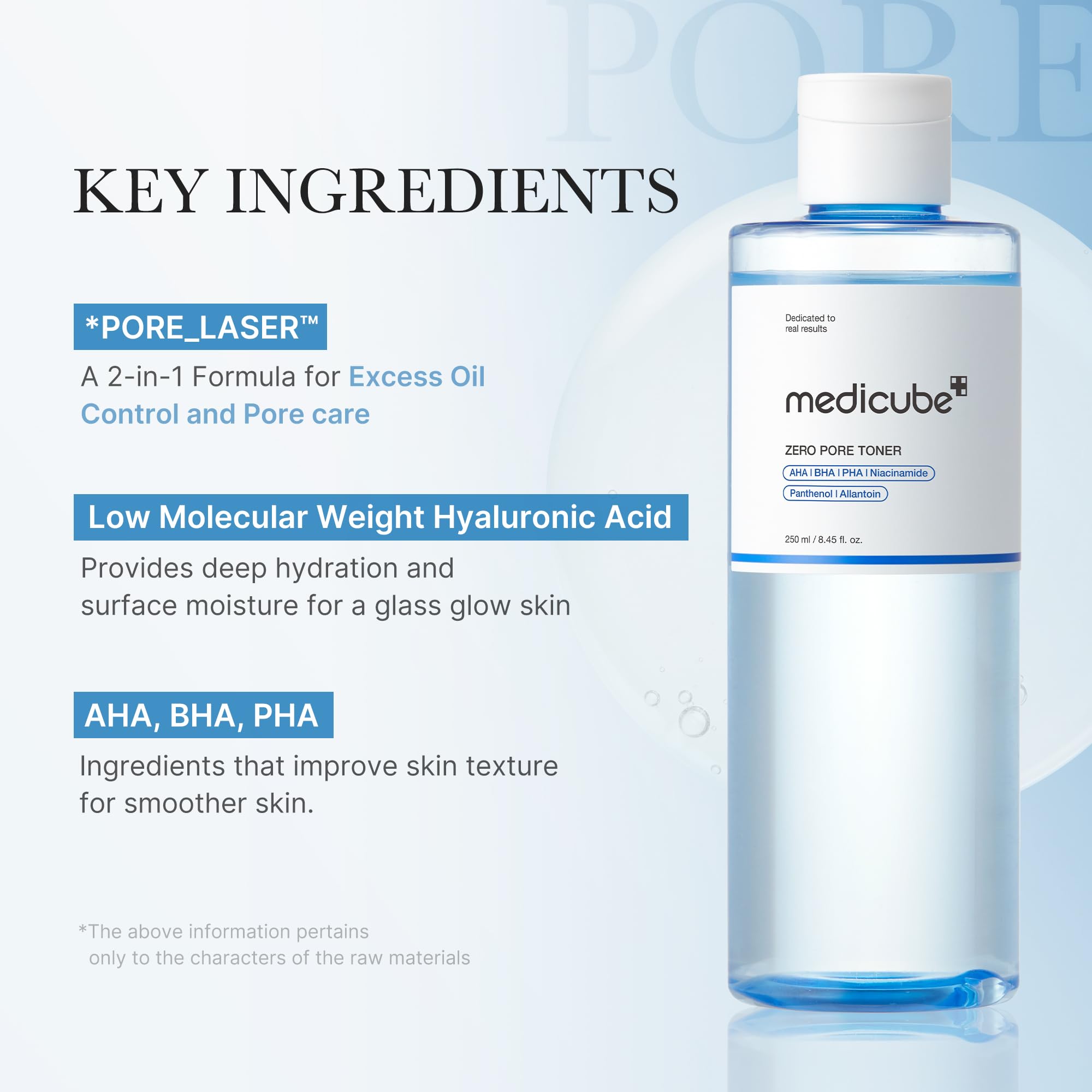 Medicube Zero Pore Toner label detail highlights clean, alcohol-free cooling formula.