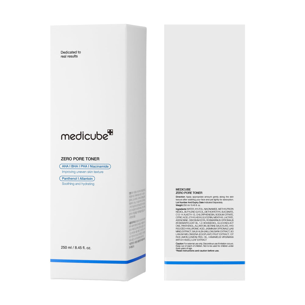 Medicube Zero Pore Toner packaging and bottle shot emphasizes minimalist Korean skincare.