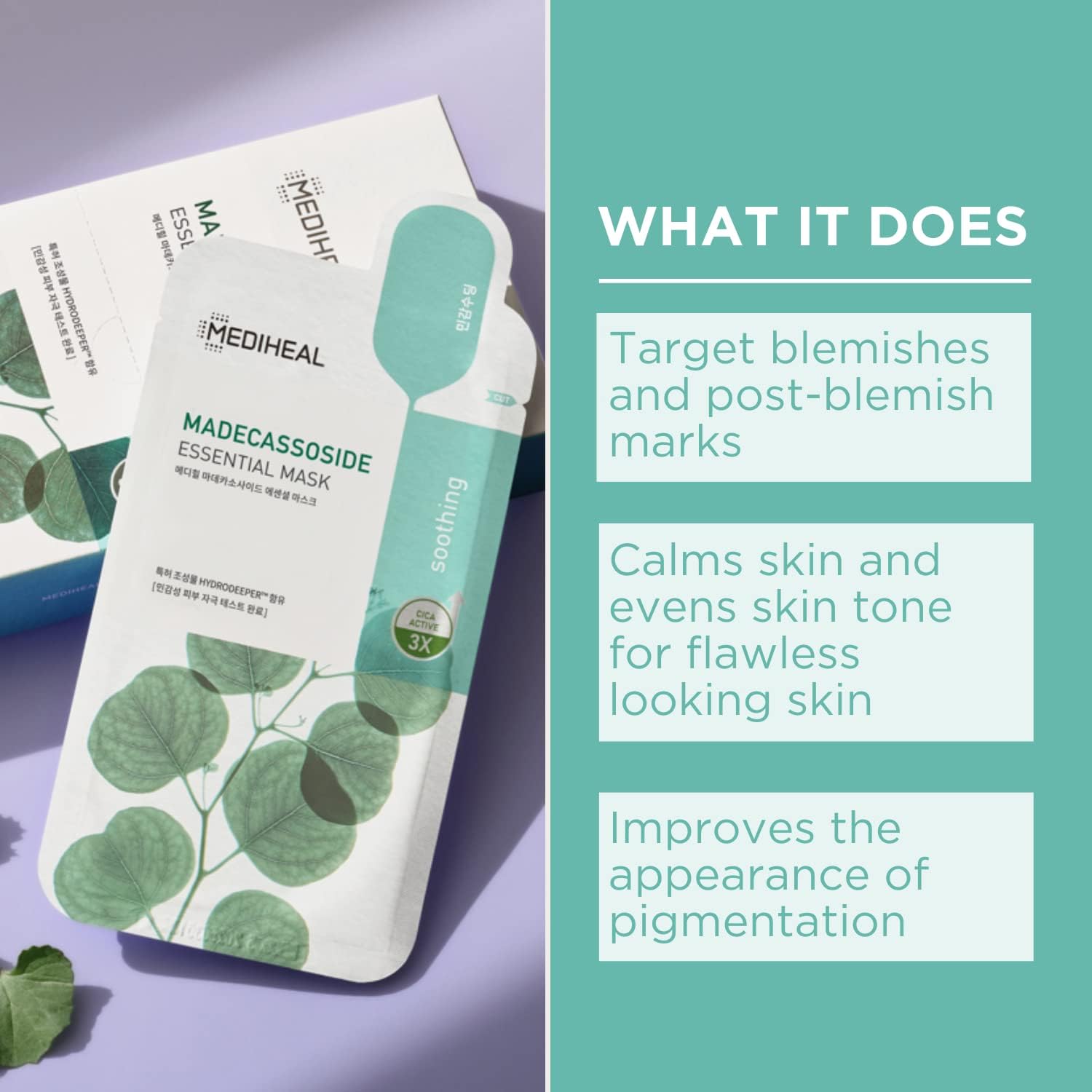 Mediheal sheet mask on face demonstrates comfortable fit for calming hydration.