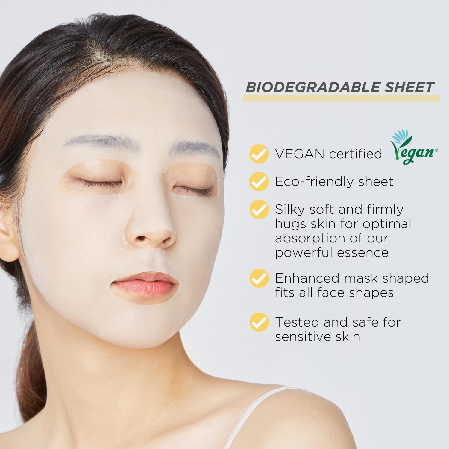 Mediheal biodegradable sheet highlights vegan-friendly, eco-conscious material.