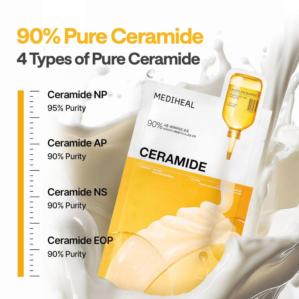 Mediheal Ceramide Essential Sheet Mask close-up shows plump, hydrated skin.