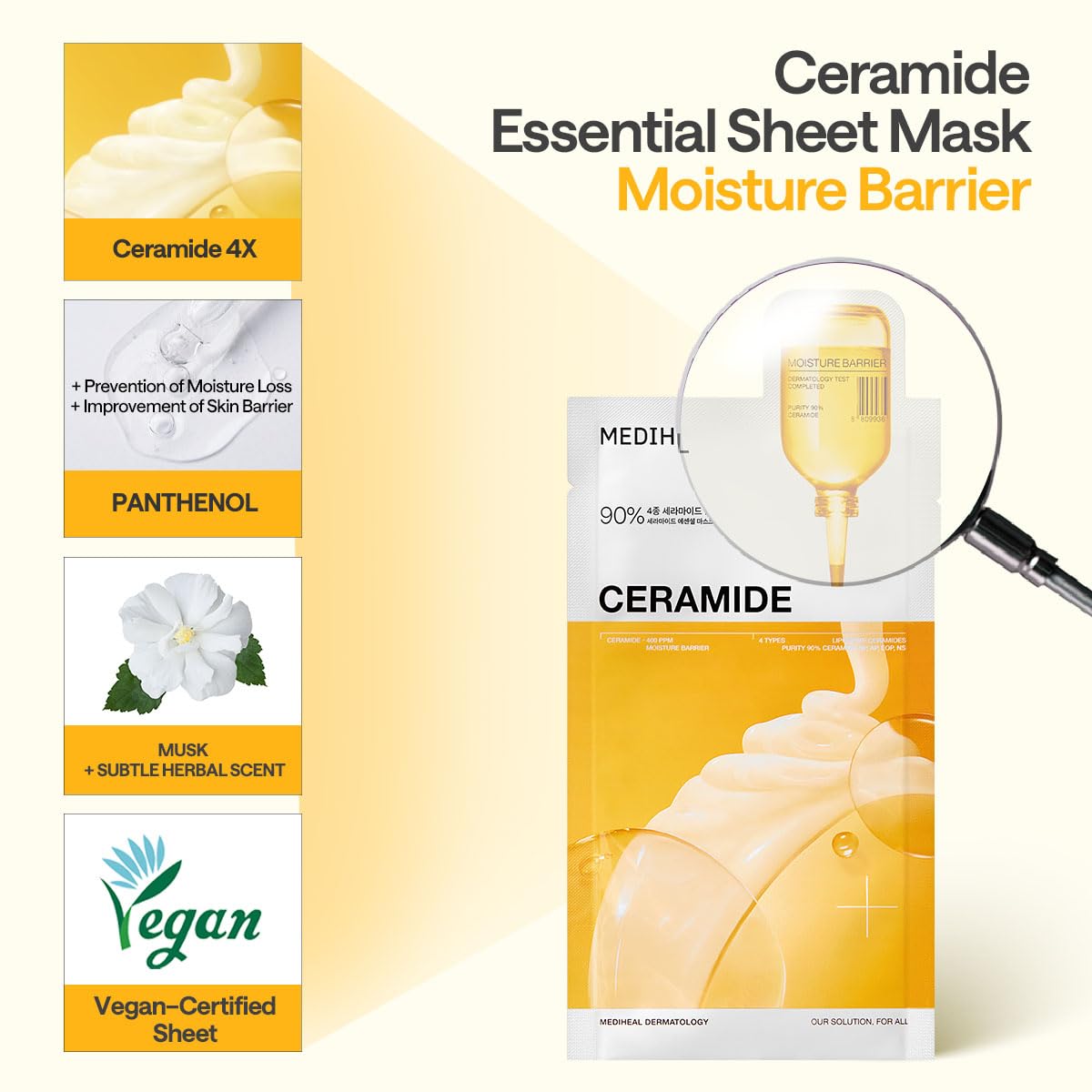 Mediheal Ceramide Essential Sheet Mask essence being dispensed onto skin for hydration.