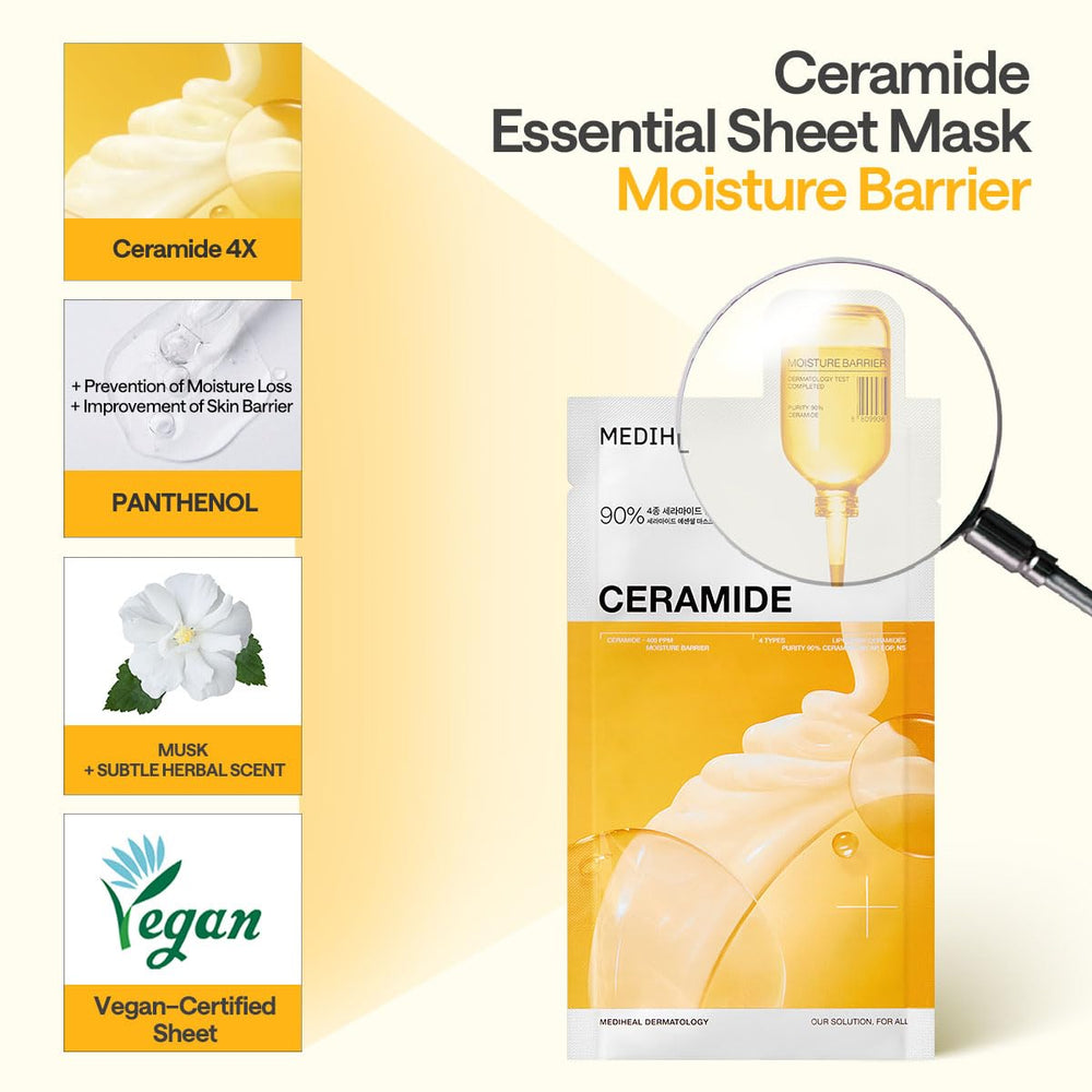 Mediheal Ceramide Essential Sheet Mask essence being dispensed onto skin for hydration.