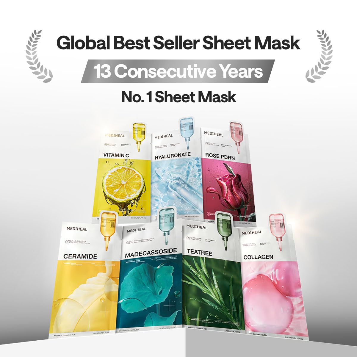 Mediheal Ceramide Essential Sheet Mask sheet on face demonstrates full-face fit and hydration.