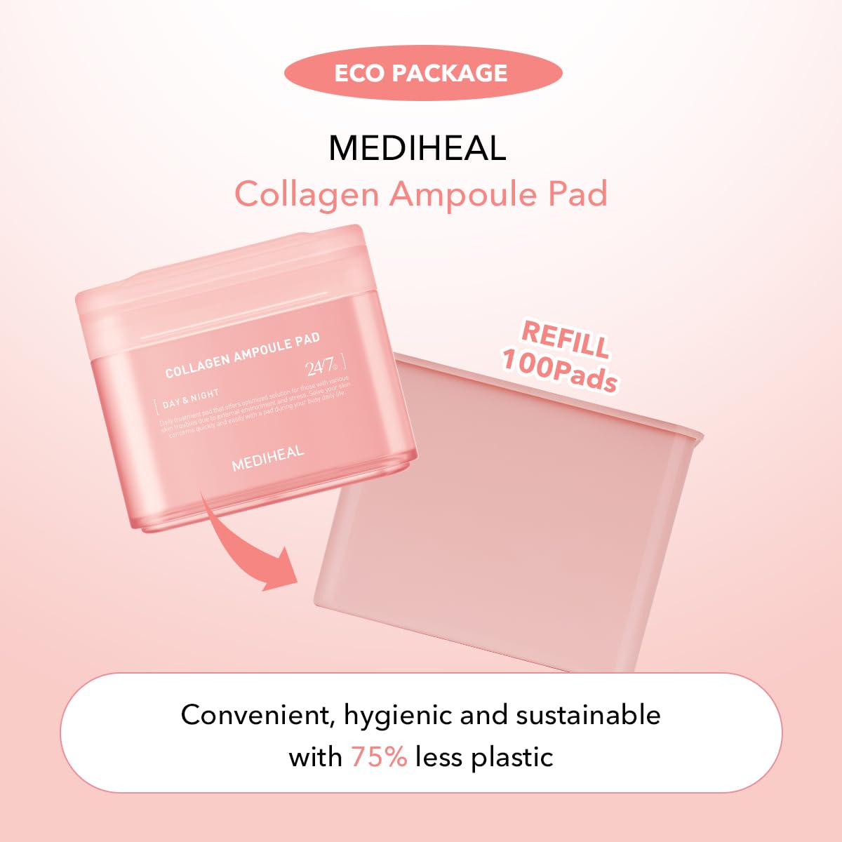 Mediheal Collagen Ampoule Pad closeup-texture reveals vegan cotton with soothing elasticity support.
