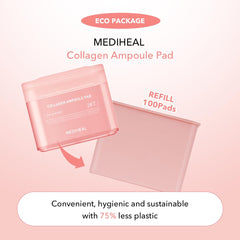 Mediheal Collagen Ampoule Pad closeup-texture reveals vegan cotton with soothing elasticity support.