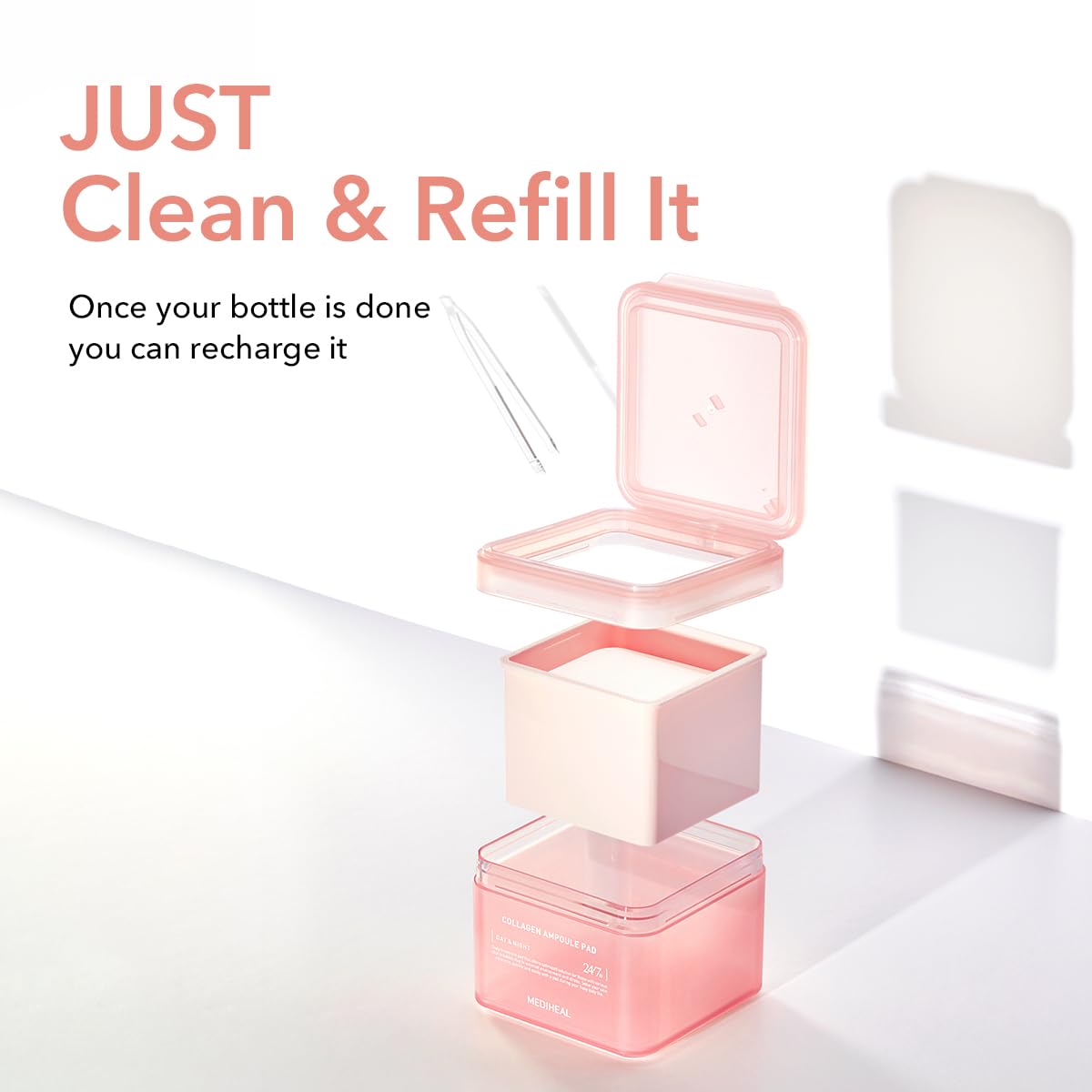 Mediheal Collagen Ampoule Pad day-night-use captures versatile skincare routine.