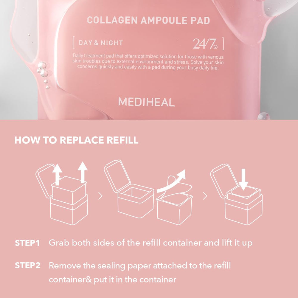 Mediheal Collagen Ampoule Pad ingredients-illustration mentions collagen, ceramide and milk protein.