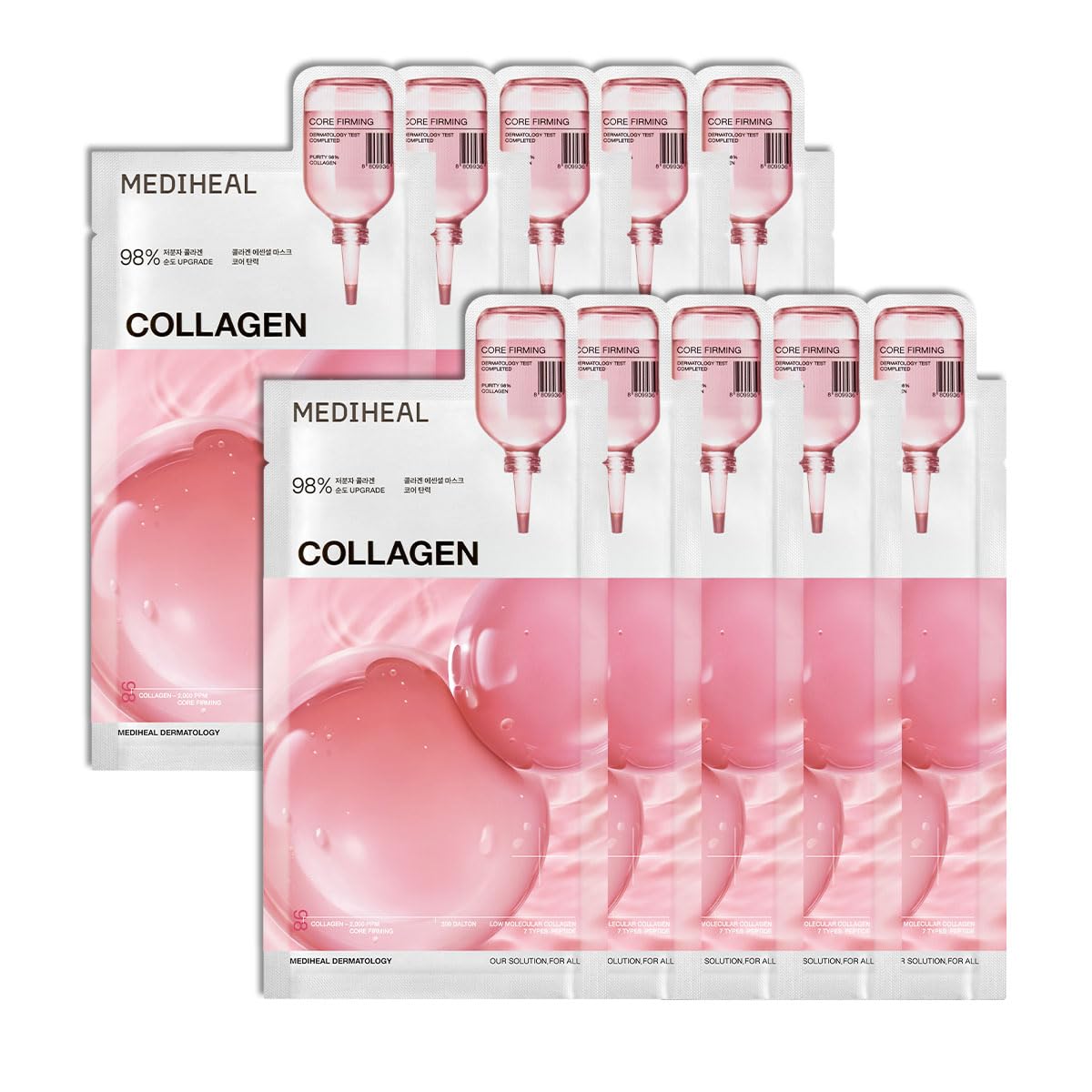 Mediheal Collagen Essential Sheet Mask pack open shows vegan formula aimed at firming.