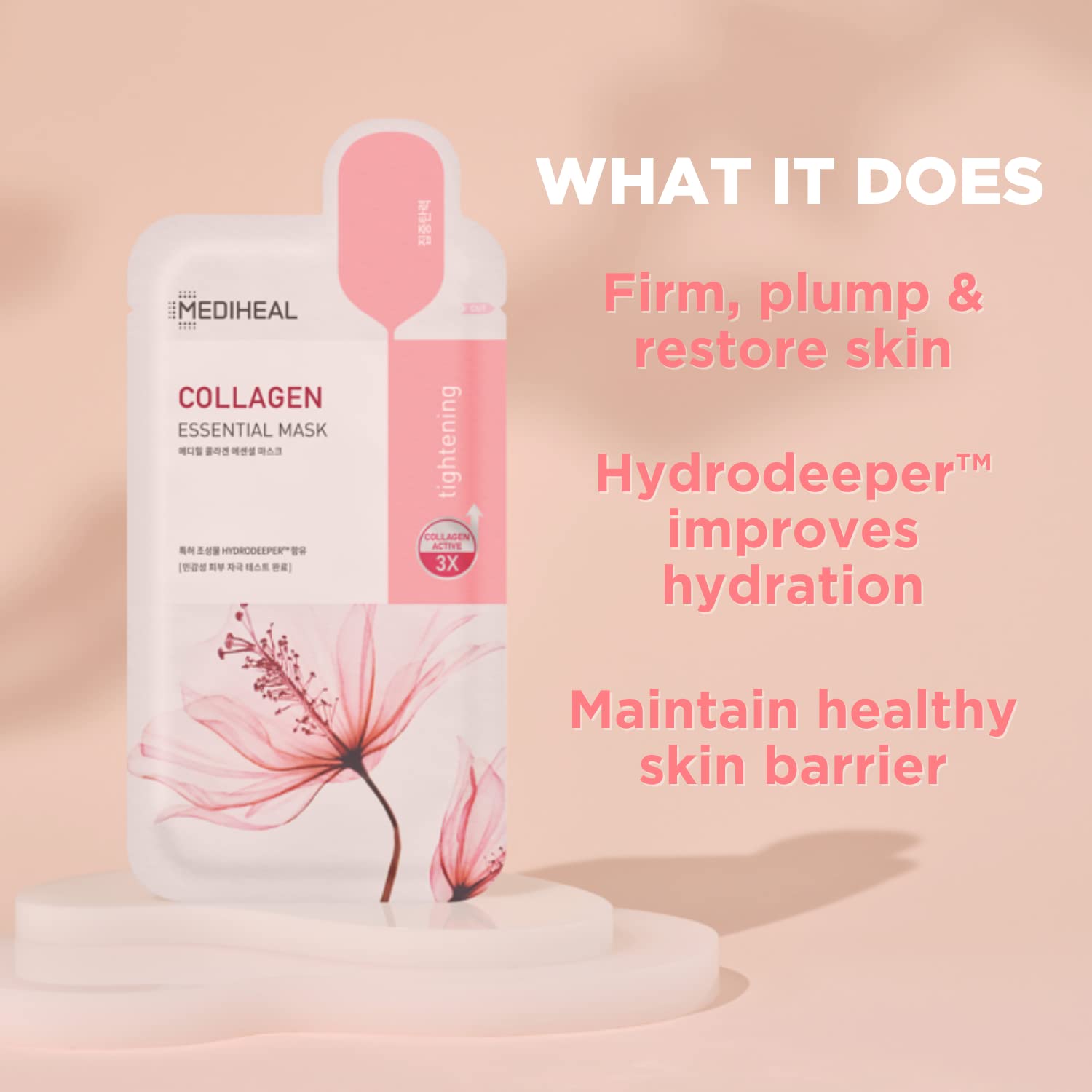 Mediheal Collagen Essential Mask on face showing comfortable fit for quick lifting.