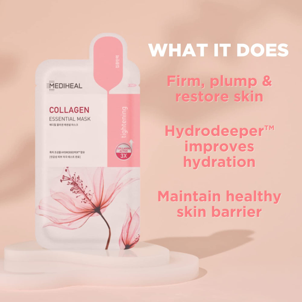 Mediheal collagen-teatree mask sheet material highlights biodegradable sheet for gentle hydration.