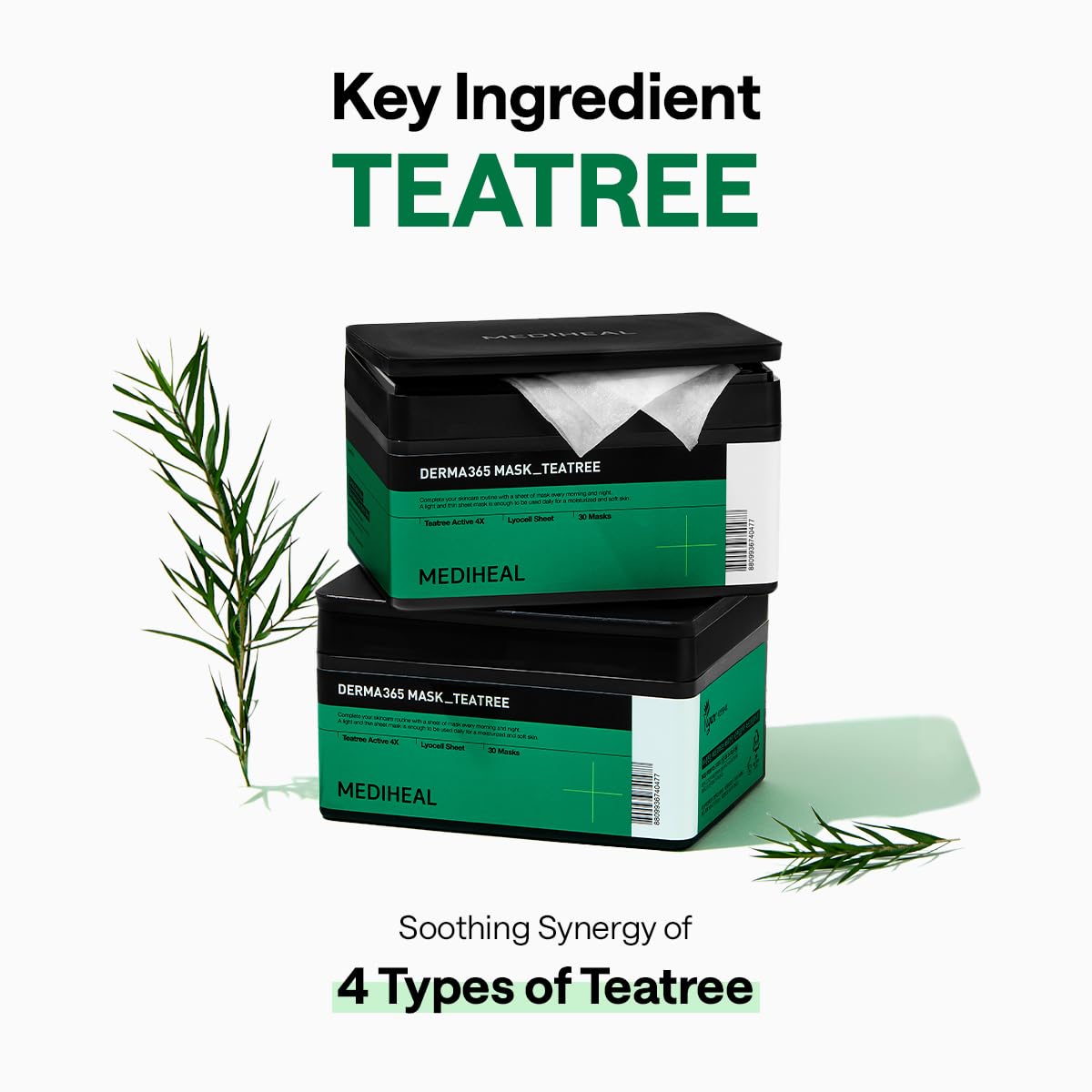 Mediheal Derma 365 Tea Tree Mask vegan-certified badge indicating plant-based sheet