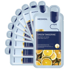 Mediheal Dermaplus Green Tangerine Mask packaging highlights vegan formula for daily use.