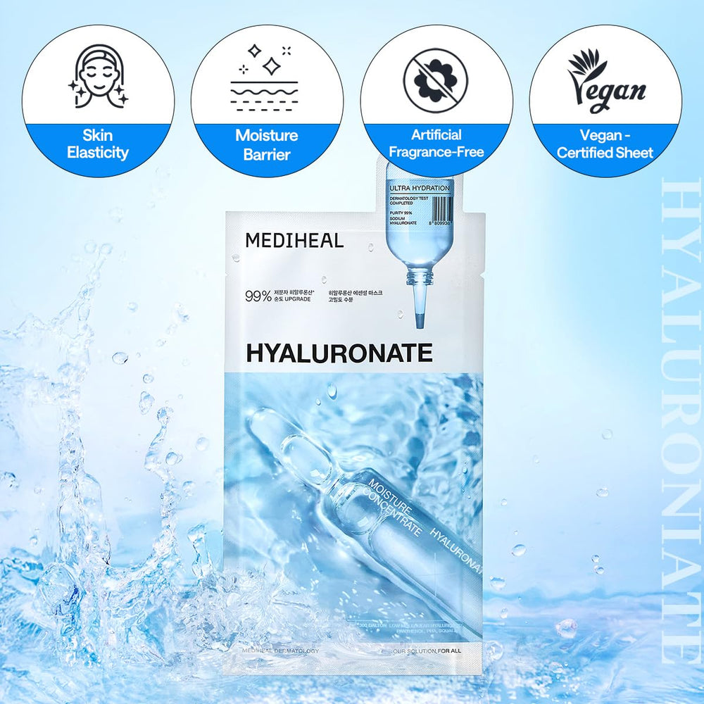 Mediheal Essential Mask Hyaluronate moisture-burst shot conveys refreshing hydration deep into skin.