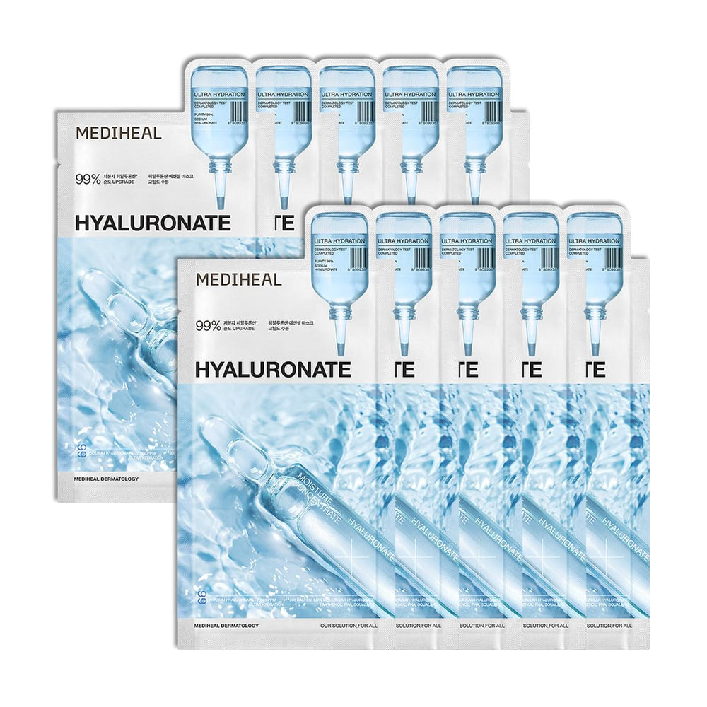 Mediheal Essential Mask Hyaluronate packshot showcases 98% pure hyaluronic acid for intense hydration.