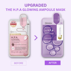 Mediheal HPA Ampoule sheet mask closeup highlights gentle exfoliation and glow