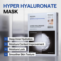 Mediheal Hyper Hyaluronate Mask on the face during application shows smoothing hydration.