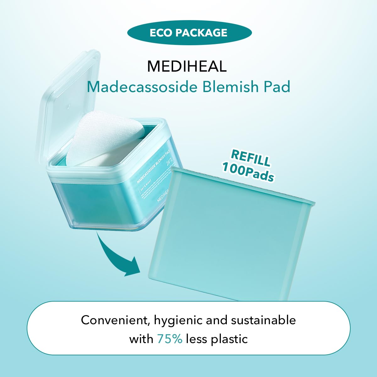 Mediheal Madecassoside blemish pad on face for gentle toning and blemish care