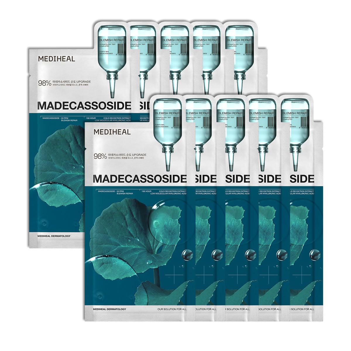 Mediheal Madecassoside Essential Sheet Mask blemish repair pack helps calm redness and hydration.