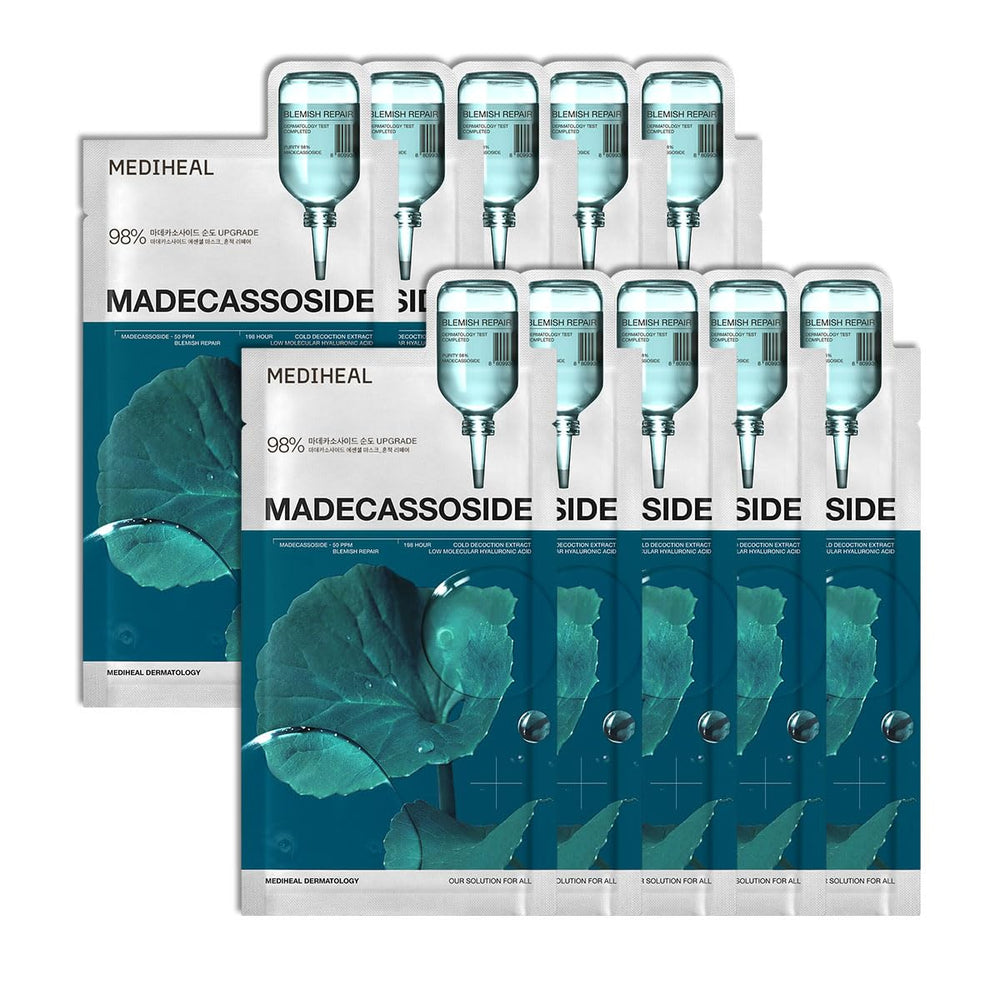 Mediheal Madecassoside Essential Sheet Mask blemish repair pack helps calm redness and hydration.